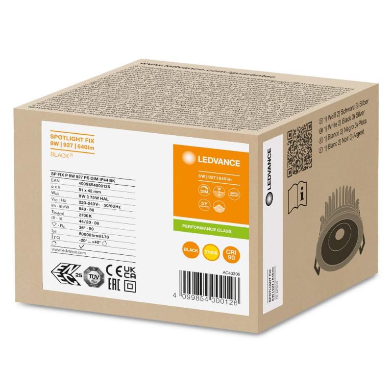 LEDVANCE Spot fix 8W 2700K LED Einbauleuchte dimmbar IP44 schwarz